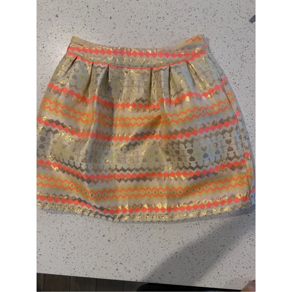 June & Ivy Gold Jacquard Mini Skirt with Neon Coral and Lime Accents S